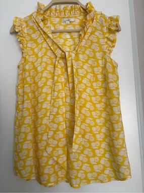 Yellow Lemon-Print Ruffle Tie-Neck Sleeveless Top